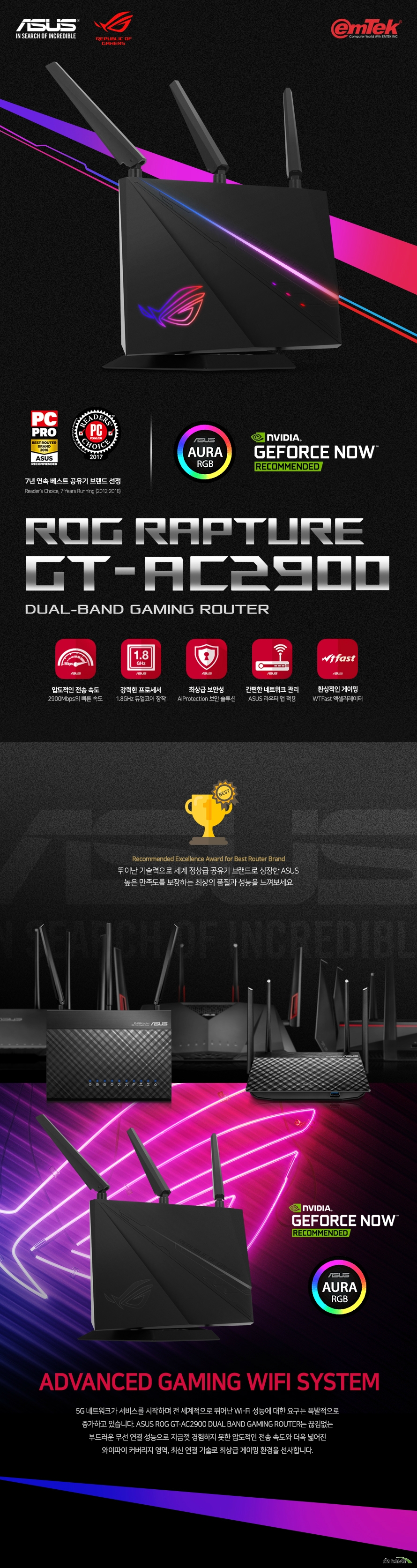   ASUS ROG RAPTURE GT-AC2900  제품 상세 정보  네트워크 표준 IEEE 802.11A B G N AC IPV4 IPV6 지원  제품 세그먼트 AC2900 AC 퍼포먼스 커버리지 VERY LARGE HOMES 데이터 레이트 802.11A 6 9 12 18 24 36 48 54MBPS 802.11B 1 2 5 5 11MBPS 802.11G 6 9 12 18 24 36 48 54MBPS 802.11N UP TO 450MBPS         802.11AC UP TO 1733 MBPS 1024QAM 2.4GHZ UP TO 750 MBPS 1024QAM 5GHZ UP TO 2167 MBPS  탈부착 가능 외부 안테나 3개 및 내부 안테나 1개 지원  송수신 MU MIMO 기술 2.4GHZ 3X3 5GHZ 4X4  1.8GHZ 쿼드 코어 프로세서 256MB 플래시 및 512GB 메모리  BEAMFORMING  1024QAM HIGH DATA RATE 60 40 80 160 MHZ 대역폭 와이파이 기술  동작 주파수 2.4 및 5 GHZ  파워 서플라이 AC 인풋 110볼트에서 240볼트까지 50에서 60헤르츠 DC 아웃풋 최대 19볼트 1.75 암페어  크기 길이 221밀리미터 두께 111밀리미터 높이 169밀리미터 제품 무게 780그램 KC 인증 -     